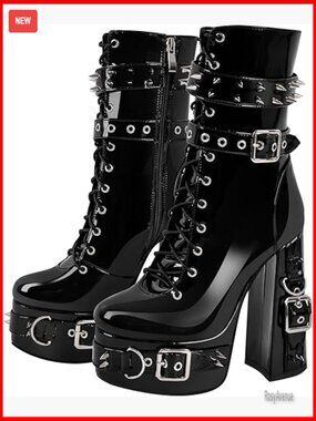 Platform Punk Boots Studded Rivets Buckle Zipper Ankle Booties Strappy